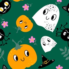 Cartoon Halloween seamless pumpkins and ghost pattern for wrapping paper and fabrics and kids clothes print