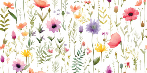 Floral seamless pattern with colorful wildflowers and abstract green plants. Watercolor print isolated on white background