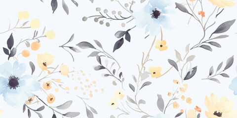Fototapeta na wymiar Flower seamless pattern with abstract floral branches with leaves, blossom flowers and berries. Vector illustration in vintage watercolor style on ligh grey background