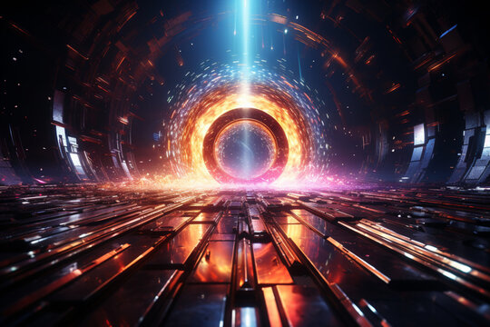 Time-traveling astronaut emerges from a glowing loop, leaving the cosmic void Generative AI