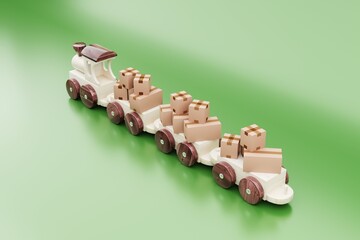 Wooden toy train transports cardboard boxes of different sizes on a green background back view 3D render illustration 