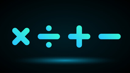 Blue glowing neon mathematical symbols on a black background. Bright symbols of addition, subtraction, multiplication and division.