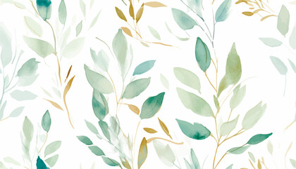 Seamless watercolor floral pattern green gold leaves, branches composition on white background, perfect for wrappers, wallpapers, postcards, greeting cards, wedding invitations, romantic events