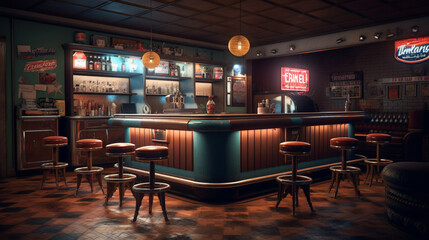 Fototapeta na wymiar Retro diner interior with a tile floor, neon illumination, jukebox and art deco style bar stools