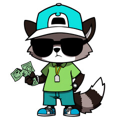 Cool raccoon hiphop rapper with cash money cartoon illustration isolated - Generative AI - obrazy, fototapety, plakaty
