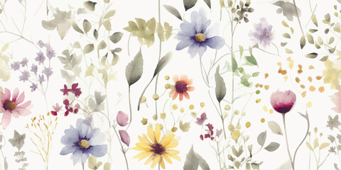 Watercolor wildflowers in vintage style, floral seamless pattern for fabric, textile, wallpapers or wrapping paper