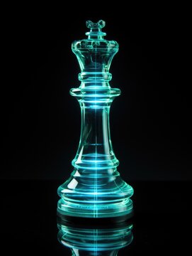 An abstract glowing chess king stands on black background 