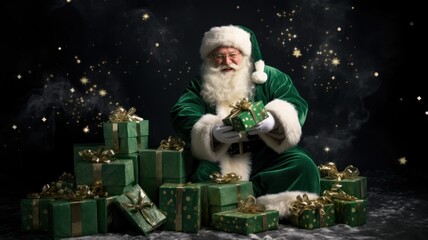 Green Santa Claus smiling surrounded by presents. Generative AI illustration for Christmas celebration.
