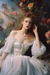 Fototapeta premium portrait of a woman/model/book character surrounded by flowers in warm daylight with a thoughtful expression in a fashion/beauty editorial magazine style film photography look - generative ai art