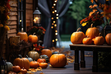 Porch of the backyard decorated with pumpkins and autumn flowers