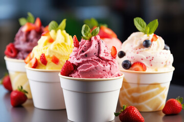 Various colorful summer ice cream desserts of different flavours  - obrazy, fototapety, plakaty