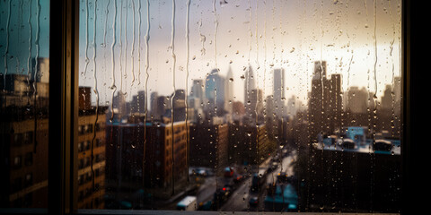 sunset in the city through a rain splattered window