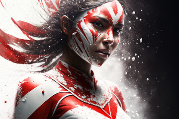 Indonesia Independence Day. On the anniversary of Indonesia's declaration of independence on August 17, 1945. Hand up, clenched fist, flag of Indonesia. Red and white colors. Generative AI.