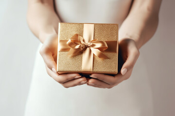 Female hands holding gold giftbox, top view. Generative AI