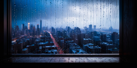 View through a rain splattered window onto a bleak city view with car lights and skyscrapers