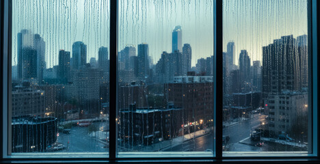 City with skyscrapers through a rain splattered window - obrazy, fototapety, plakaty