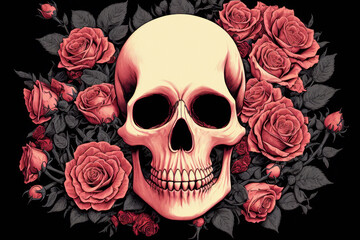 Skull with roses. Old school style. Generative AI