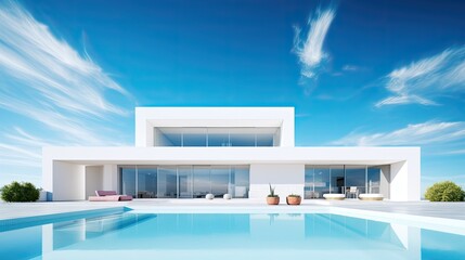 White modern house architecture under the bright blue sky
