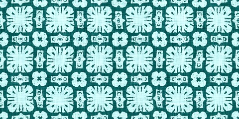 Teal green white vibrant watercolor batik azulejos tile border banner background. Seamless aqua coastal blur linen effect geometric mosaic effect.Boho Patchwork nautical masculine summer ribbon trim. 