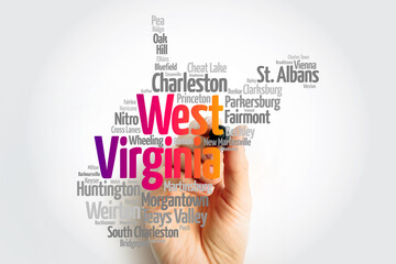 List of cities in West Virginia USA state, map silhouette word cloud, map concept background
