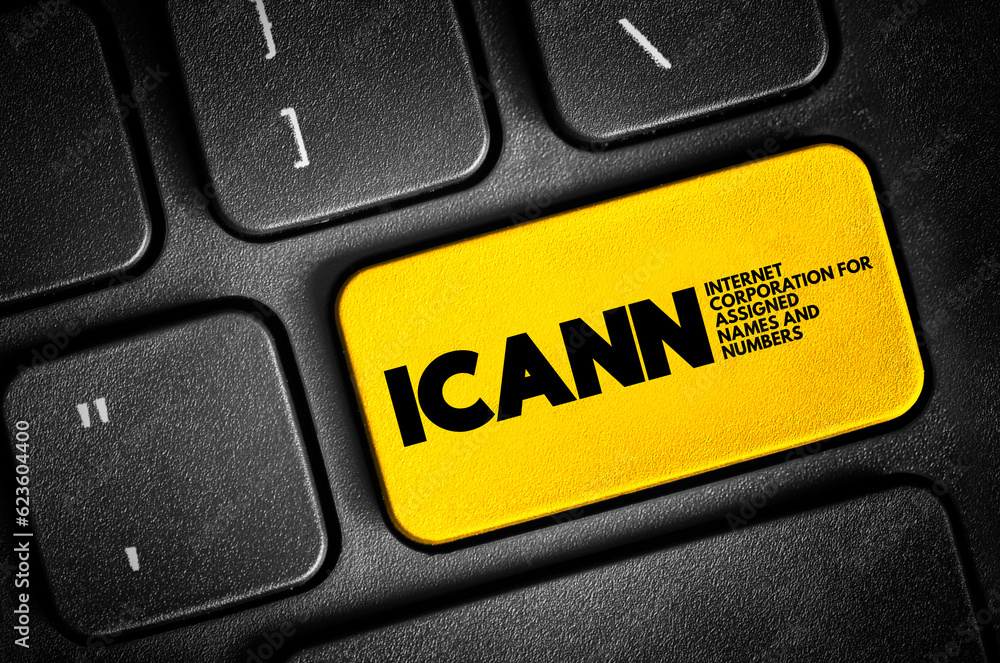 Poster icann - internet corporation for assigned names and numbers acronym, technology concept text button 