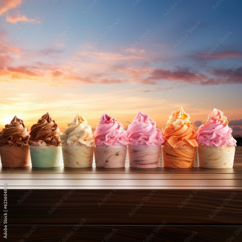 Poster a row of cupcakes with different toppings on a table. generative ai.