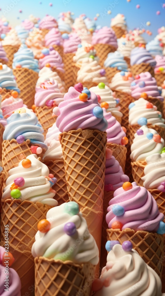 Poster a large group of ice cream cones with sprinkles. generative ai.