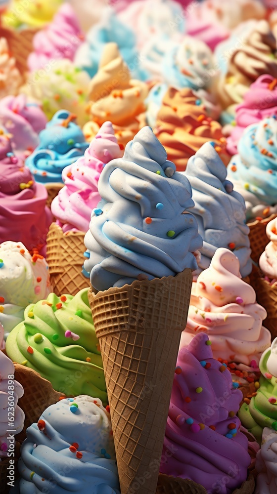 Poster an ice cream cone with sprinkles on top of it. generative ai.