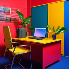 A vibrant photo of a very colourful office