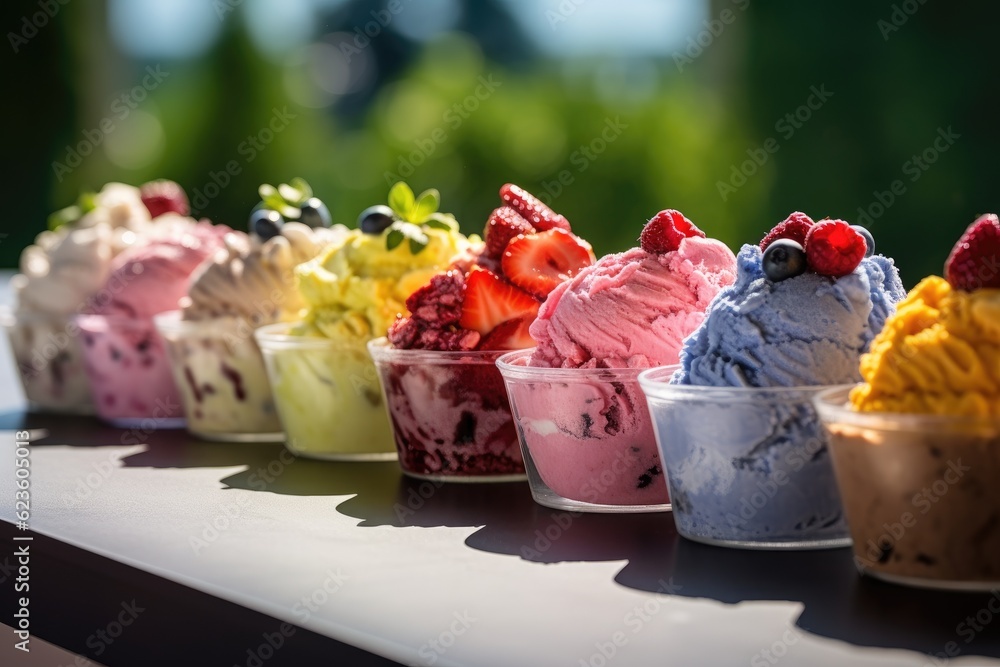 Poster a row of cups filled with different types of ice cream. generative ai.
