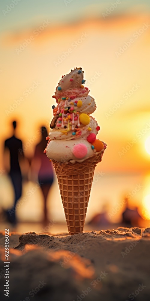 Poster an ice cream cone with sprinkles and sprinkles on it. generative ai.