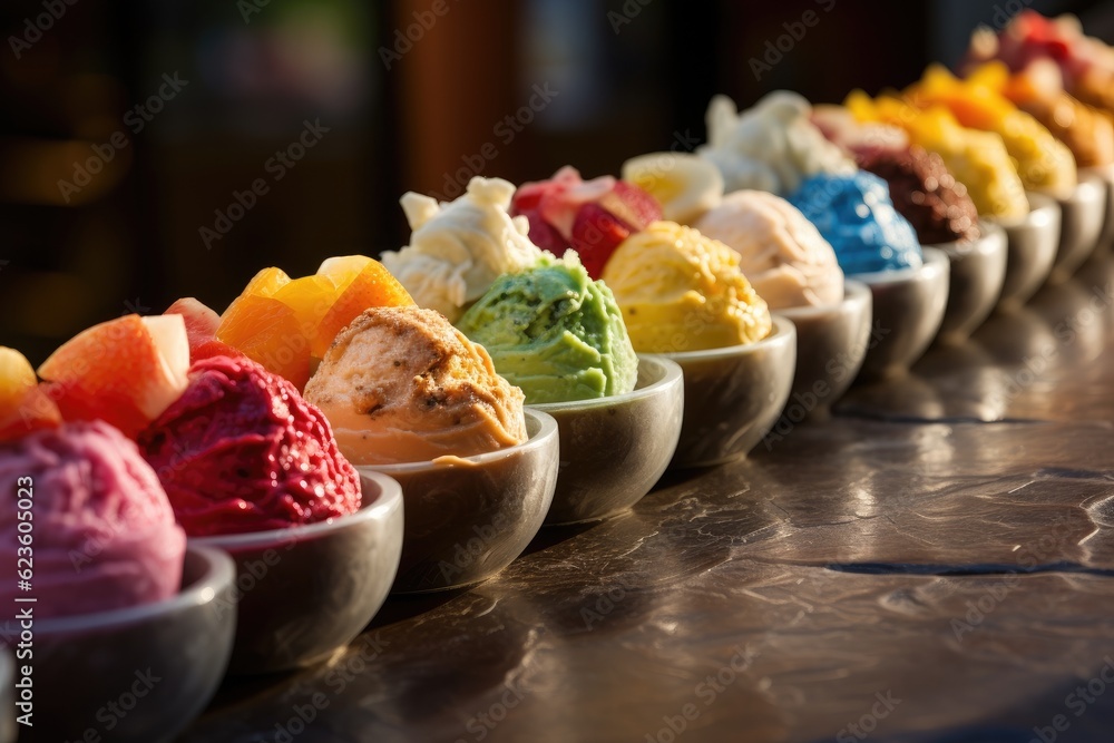 Poster a row of bowls filled with different types of ice cream. generative ai.
