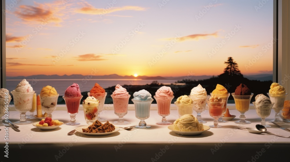 Poster a table topped with lots of different kinds of ice cream. generative ai.