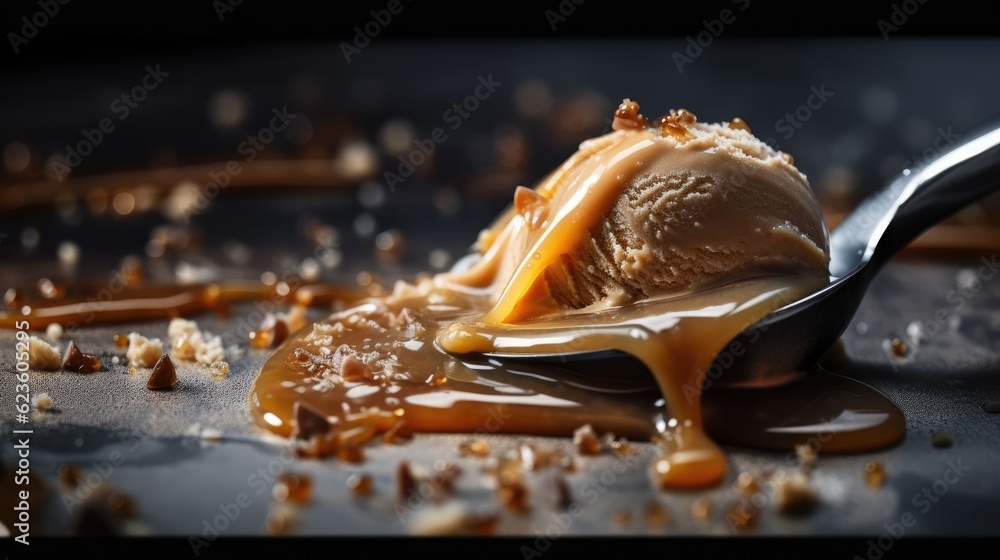 Poster a spoon with a scoop of ice cream on it. generative ai.