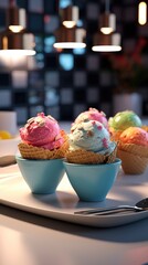 Three ice cream cones in blue bowls on a table. Generative AI.