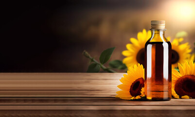 Sunflower oil. background sunflowers in the background bottled oil Generated by AI