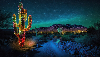 Saguaro cactus with Christmas lights in the desert at night and mountains in the background - obrazy, fototapety, plakaty