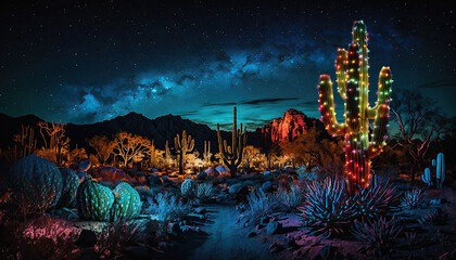 Saguaro cactus with Christmas lights in a colorful desert at night - obrazy, fototapety, plakaty