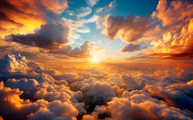 Fiery sunset with vibrant colors, dramatic sky, and serene atmosphere - AI generated
