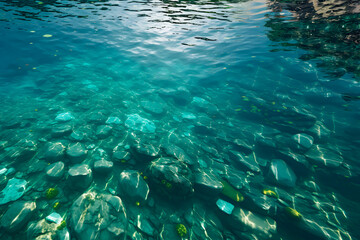 Fototapeta na wymiar Sun reflexion on blue green sea, clear water - AI generated 