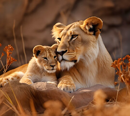 Obraz premium Lioness cuddles with her young cub - AI generated 