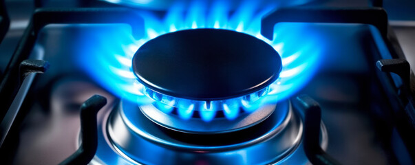 Blue kitchen gas stove flame in kitchen, black cast iron frame near, closeup detail. Generative AI