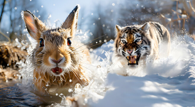 Tiger running in the snow and hunts rabbit, The rabbit runs from the tiger - AI generated 

