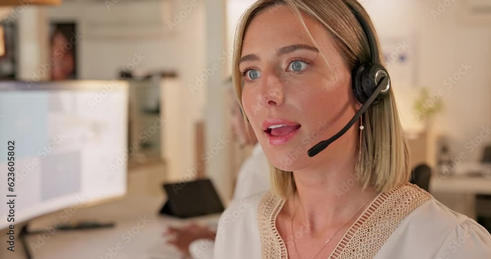 Canvas Prints Call center, communication and woman in office for customer service, support and help desk. Contact us, telemarketing and sales agent, professional or business consultant talking at night on deadline