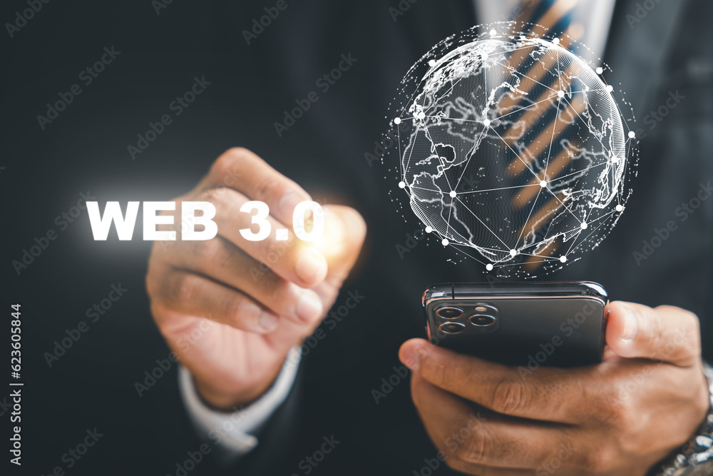 Poster a smart and futuristic phone becomes the gateway to web 3.0 as a businessman explores the potential 