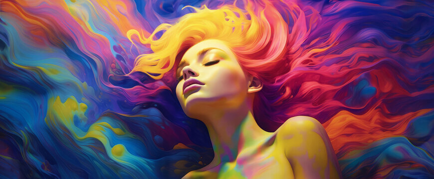 Psychedelic dreamy woman sleeping, long colorful liquid hair waving and merging with background painting - Generative AI