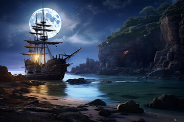 Obraz premium Black pirate ship at night