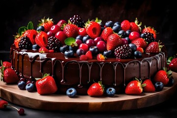 A divine chocolate cake adorned with a medley of fresh berries, including plump strawberries and cherries, captivates the viewer with its irresistible allure.Ai generated 