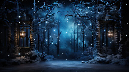 Obraz premium A snowy night scene with a path through a forest. Generative AI.