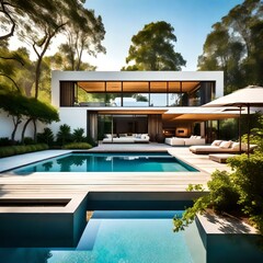 Fototapeta premium The patio and swimming pool of a modern house. The patio is a serene retreat, surrounded by tall trees and blooming flowers AI generated